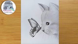 How to draw a cat with butterfly  pencil sketch for beginners  step by step drawing [upl. by Wager]