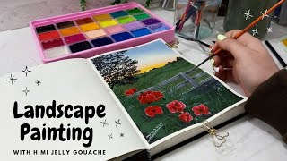 realistic gouache painting tutorial  how to paint a landscape with gouache  ASMR [upl. by Bloem]