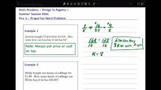 Algebra I Summer Math  Day 4 Proportional Word Problems [upl. by Katheryn]