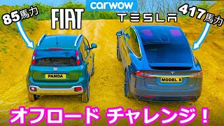 【オフロードチャレンジ！】テスラ モデルX vs フィアット パンダ クロス 4×4 [upl. by Luther759]