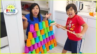 Ryan Pretend Play stacking Game with Giant Cup Wall [upl. by Lisabet]