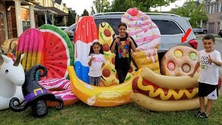 Garage Sale with Giant Inflatable Toys  HZHtube kids fun [upl. by Eerehs]