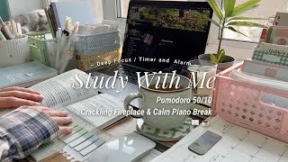 4HR STUDY WITH ME pomodoro 5010 fireplace crackling amp calm piano break  countdown amp alarm [upl. by Corley]