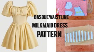 How to draft a basque waistline Milkmaid Dress with Puff sleeve milkmaid basquewaist confidensews [upl. by Amlus]