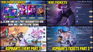 NEW UPDATE ASPIRANTS EVENT PART 3 AND KOF EVENT FREE SKINS  MLBB NEW EVENTS [upl. by Asyle]