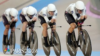 US womens pursuit team sets a national record en route to gold medal race  Paris Olympics [upl. by Nilatak781]