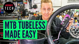 How To Convert Your MTB Wheels To Tubeless  Mountain Bike Tubeless Setup [upl. by Alyac]