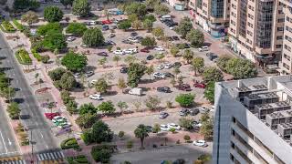 Rows of cars parked in a parking lot between lines of green leafy trees viewed from overhead from [upl. by Durware795]