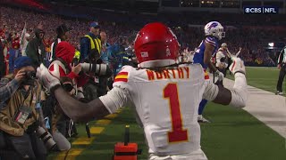 Xavier Worthys pylonreach TD brings Chiefs into a tie with Bills [upl. by Leesen]