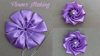 Super Easy Ribbon Flower Making  Hand Embroidery Tricks With Ribbons  Ribbon Work  Ribbon Flowers [upl. by Ednargel]