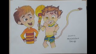 How to draw Ankush and Bajrangi  Friendship day drawing [upl. by Rafael]