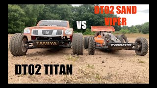 Tamiya DT02 Nissan Titan Vs DT02 Sand Viper  Head to Head RC Rally  Tamiya Chassis Battle 06 [upl. by Olegnaid]