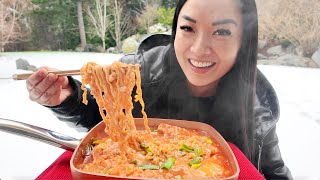 WHEN IT SNOWSITS A MUST CHEESY RICE CAKE SPICY NOODLE MUKBANG  SASVlogs [upl. by Nnyled]