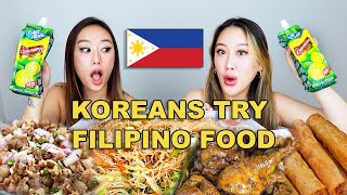 KOREAN SISTERS TRY FILIPINO FOOD FOR THE FIRST TIME 😱🇵🇭  SISIG PANCIT BIHON ADOBO LUMPIA [upl. by Enyawad72]