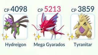 Shiny Hydreigon Mega Gyarados Tyranitar Triple Dark Type team Pokemon GO [upl. by Eadahc]