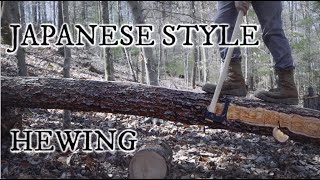 Japanese style hewing a curvy pine log with new bearded axe and draw knife [upl. by Aisemaj]