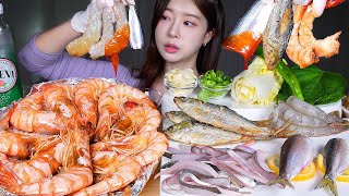 ASMR MUKBANG  대하소금구이 전어구이 전어회 대하회 🦐🐟 가을맞이 해산물 먹방 Grilled Shrimp amp Grilled Gizzard Shad amp Raw Shrimp [upl. by Averil]