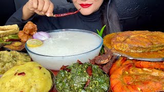 ASMR EATING PANTA BHATPAKHALA BHATAALOO BARTASHAKBAINGAN FRYBIG FISH CURRYCHINGRI CURRYPAPAD [upl. by Scammon217]