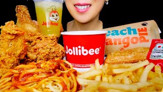 ASMR JOLLIBEE FRIED CHICKEN SPAGHETTI and PEACH MANGO PIE MUKBANG  FILIPINO FAST FOOD [upl. by Goat]