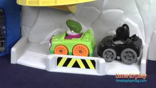 Little People Wheelies DC Super Friends Race n Chase Batcave from FisherPrice [upl. by Nosnorb]