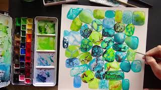 How to paint turquoise gemstones in watercolor and ink [upl. by Dittman]