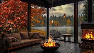 StressFree Autumn Porch Vibes 🍂 Jazz Heavy Rain Fire Sounds and Lakeside in Fall Forest Ambience [upl. by Irrot]