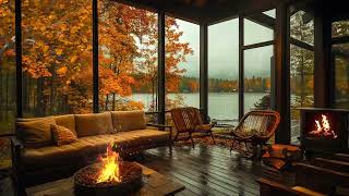 Autumn Porch Ambience 🍂 Morning Jazz Rain amp Fireplace Sounds for Relaxed Study and Work [upl. by Yanehc196]