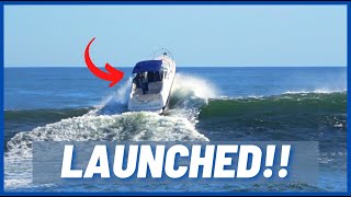 BOATER LAUNCHED BY HUGE WAVE AT MANASQUAN INLET   Massive Wave vs Boat  Shore Boats [upl. by Alita534]