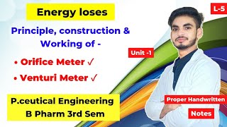 L5। U1। Energy loses। Orifice meter। Venturi Meter। Principle Construction amp working। 3rd sem। [upl. by Kesley857]