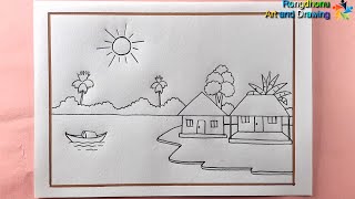 Village River Scenery Drawing 😍😍 Sundor Gramer drisso sohoje ongkon💚💚 Pencil Drawing [upl. by Alleuqram]