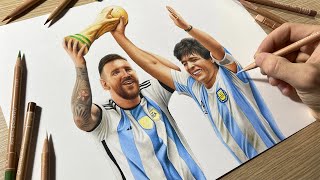 Drawing Maradona amp Messi with the World Cup Trophy • Time Lapse [upl. by Ennairb600]