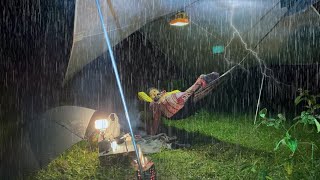 CAMPING IN HEAVY RAIN AND THUNDERSTORMS WITH A HAMMOCK • ASMR [upl. by Idnerb978]