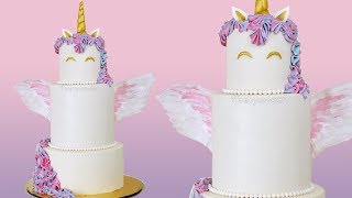 Tiered unicorn cake with wafer wings  buttercream cake decorating tutorial [upl. by Perreault901]