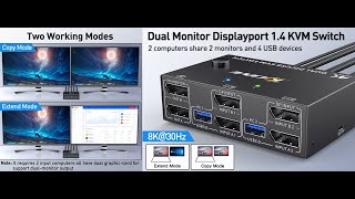 KCEVE Dual Monitor Displayport 14 USB 30 KVM Switch Support 4K120Hz [upl. by Milda]