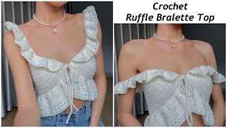 Crochet Ruffle Bralette Top Tutorial  Chenda DIY [upl. by Alyel454]