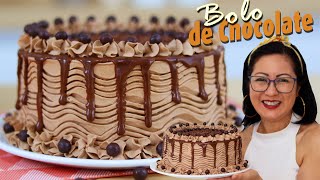 BOLO DE FESTA MASSA DE CHOCOLATE ULTRA MACIA  RECHEIO MOUSSE E COBERTURA CHANTININHO CHOCOLATE [upl. by Delanos]