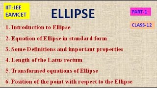 ELLIPSE PART1  STANDARD FORM  SOME DEFINITIONS  PROPERTIES  IITJEE EAMCETCLASS12 [upl. by Aimerej]