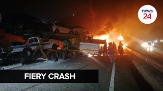 WATCH  Tanker car carrier part of fiery crash on N3 near Pinetown [upl. by Magnus]