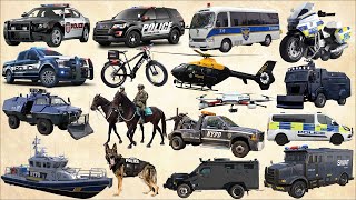 Police Car Bus Motorcycle Helicopter SWAT Mounted SWAT vehicle  Learn Police Vehicles Name [upl. by Yancey]