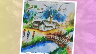 How to Draw amp Watercolor Wash Landscape  Easy Village Scenery with House and Bridge [upl. by Airdnala]