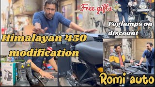 Himalayan 450 modifications  side panniers  foglamps  heavy discounts ROMI AUTO [upl. by Rog]