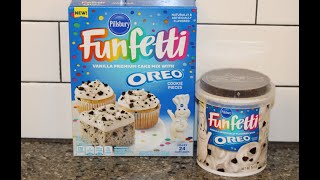 Pillsbury Funfetti Vanilla Cake Mix amp Frosting with Oreo Cookie Pieces Review [upl. by Schoening630]