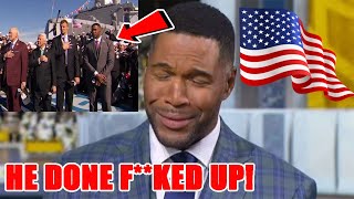 NFL fans demand Michael Strahan be FIRED for DISRESPECTING veterans during National Anthem on Fox [upl. by Zennie864]