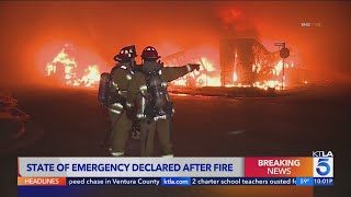 State of emergency declared after fire shuts down 10 Freeway in Los Angeles [upl. by Ecnadnac]