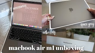 MACBOOK AIR M1 UNBOXING SPACE GREY aesthetic   must have accessories and set up [upl. by Atsyrhc676]