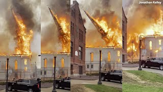 Video shows steeple of 160yearold Mass church collapsing in massive fire [upl. by Ollehto299]