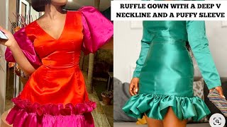 How Cut and Sew Ruffle Gown with a Deep V Neckline and a Puffy Sleeve [upl. by Aicila]