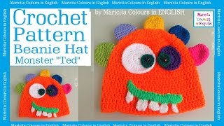 Beanie Hat Crochet Pattern quotMonster quotTedquot by Maricita Colours in English [upl. by Charo]