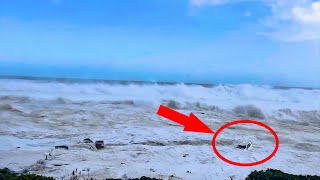 Out of Control Massive Wave Engulfs a White Car on a Beach [upl. by Eledoya]