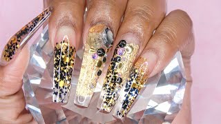 Acrylic Nails Tutorial  How To Encapsulated Nails with Nail Forms Black and Gold Glitter [upl. by Oiramed]